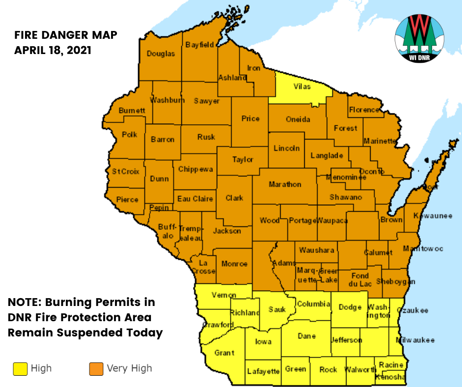 Very high and high fire danger map for April 18, 2021
